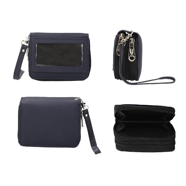 Geldbörse aus 100% echtem Leder, Dual-Reißverschluss mit abnehmbarem Riemen, 11x7.5x4.5 cm, Dunkelblau image number 4