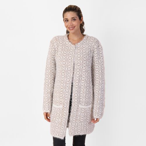 Langer Cardigan mit Taschen und Knopf, gestrickt, Einheitsgröße Rautenmuster, Khaki image number 0