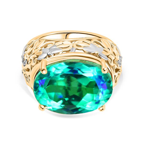 D joy Pfau Quarz Triplette, Wei&szlig;er Zirkon Ring 925 Silber Rhodiniert und 750 Gelbgold Vermeil (Gr&ouml;&szlig;e 19.00) ca. 14.02 ct