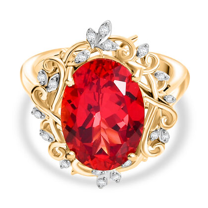 Djoy Lab Grown Padparadscha Saphir, Wei&szlig;er Zirkon Ring 925 Silber 750 Gelbgold Vermeil (Gr&ouml;&szlig;e 19.00) ca. 8.43 ct