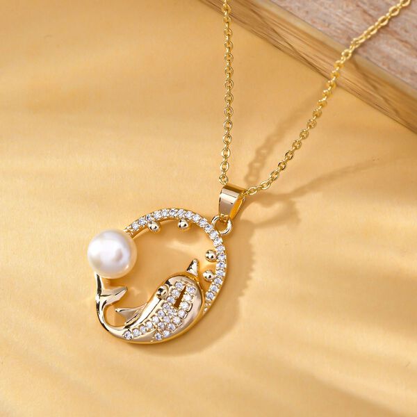 Weißer Süßwasserperle und Zirkonia-Anhänger mit 50+7cm Kette in Goldton image number 2
