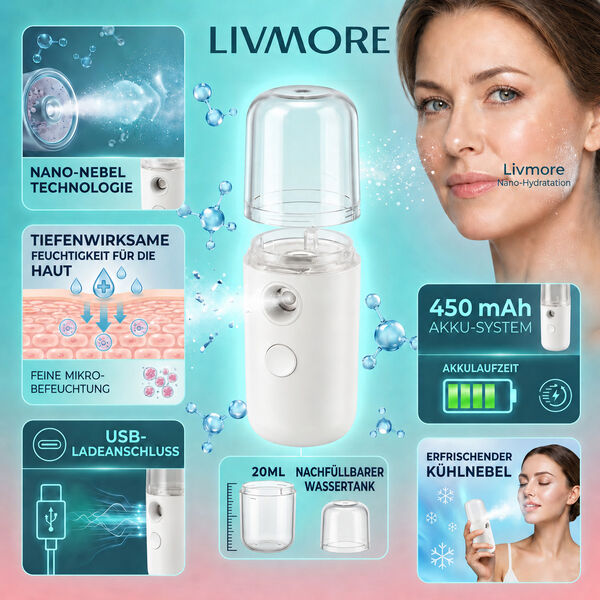 LIVMORE Mini-Nano-Feuchtigkeitsspray, wiederaufladbar, 20ml, Wei&szlig; image number 2