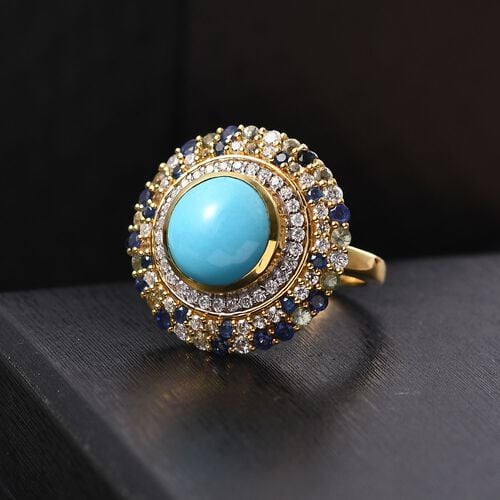 Aqua Kieselblüte AA Sleeping Beauty Türkis, Blauer Saphir Ring 925 Silber 750 Gelbgold Vermeil (Größe 21.00) ca. 5.86 ct image number 1
