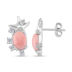 D'Joy Natürlicher Rosa Königsmuschel Perle, Moissanit Ohrringe 925 Silber rhodiniert