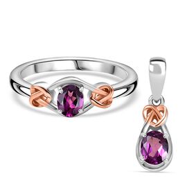 2er Set - AAA Natürlicher Radiant Ember Garnet Ring und Anhänger, Größe (17.00), 925 Silber rhodiniert ca. 0.92 ct