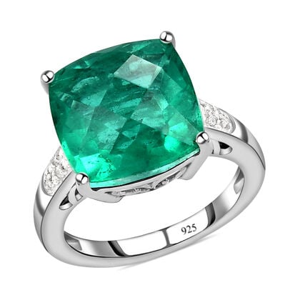 Smaragd-Triplett-Quarz und weißer Zirkon-Ring, 925 Silber platiniert (Größe 20.00) ca. 7,42 ct