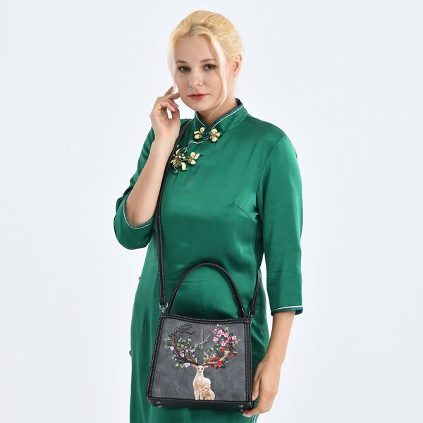 Bestickte Crossbody-Tasche, Rentier-Design, 25x11x21cm, Anthrazit image number 3