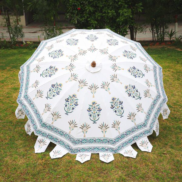 Sonnenschirm aus 100% Baumwolle mit Blockdruck, Weiß-Türkis  image number 4