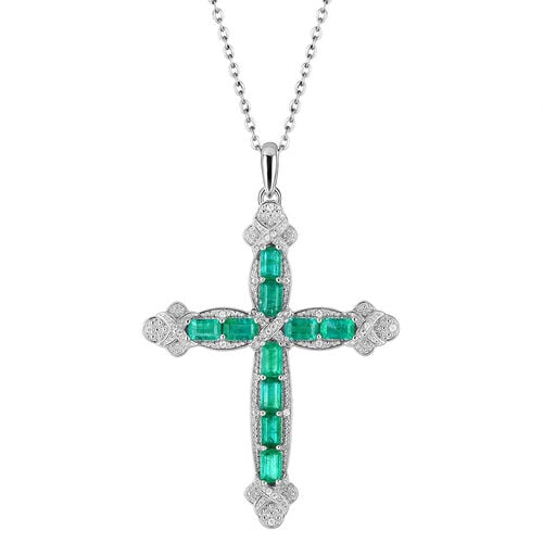 AAA Kagem sambischer Smaragd und Zirkon-Kreuz-Anhänger mit Kette in Silber image number 0
