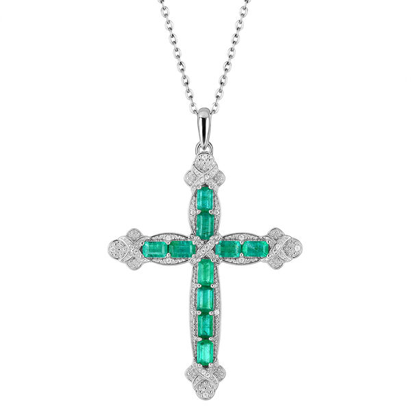 AAA Kagem sambischer Smaragd und Zirkon-Kreuz-Anh&auml;nger mit Kette in Silber