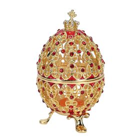 Exquisite Schmuckbox in Hohlkugelförmig - Metall mit farbigem Emaille-Blumenmuster und Strasssteinen, Ideal für Schmuck, Erinnerungsstücke und Dekoration, 5 x 9 cm, rot und gold