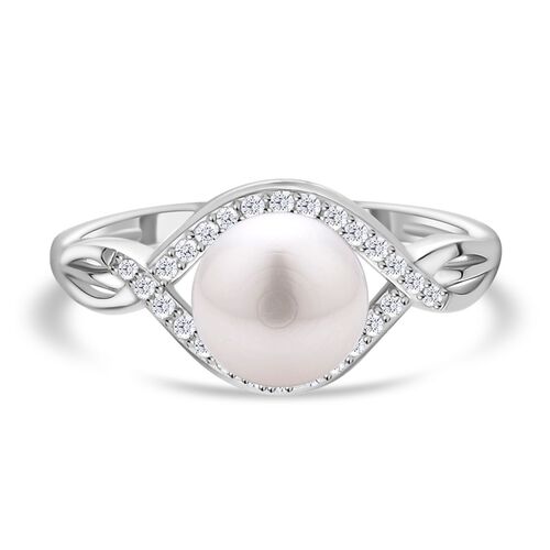 Weiße Süßwasserzuchtperle, Weißer Zirkonia Ring, 925 Silber rhodiniert (Größe 20.00) ca. 0.36 ct image number 0