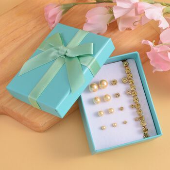 9er Set - Goldene Muschelkernperle Armband und Ohrringe (4-10 mm), Gelber Kristall, 316L Edelstahl Gelb, Nickelfreies Messing, Goldfarben