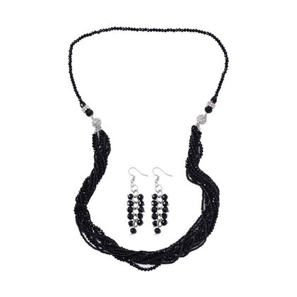 2er Set - Mehrreihige Schwarze Kristall Perlen Halskette und passende Ohrringe