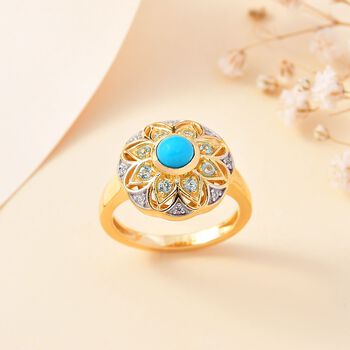 AA Amerikanischer nat&uuml;rlicher Sleeping Beauty T&uuml;rkis, Blauer Apatit Ring, 925 Silber 750 Gelbgold Vermeil (Gr&ouml;&szlig;e 20.00) ca. 0.63 ct