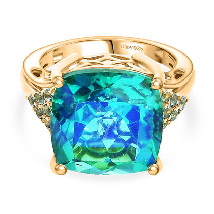 D'Joy Pfau Quarz Triplette, Blauer Apatit Ring 925 Silber 750 Gelbgold Vermeil (Gr&ouml;&szlig;e 18.00) ca. 13,34 ct