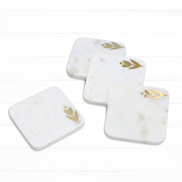 NAKKASHI - 4er-Set, Marmor Untersetzer mit Messingintarsie, Blumen, Gr&ouml;&szlig;e 10x10 cm, Wei&szlig;