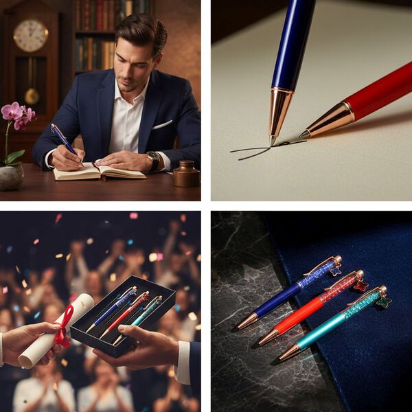 "Set of 3 artificial Ballpoint Pen material:Aluminum alloy +Plastic,   Color: Peacock blue,bright red,transparent blue black ink Pen barrel without carve  The box is printed with the logo" image number 3