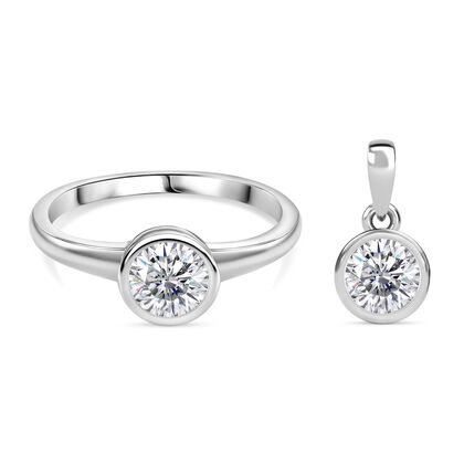 2er Set - Moissanit Ring und Anh&auml;nger, 925 Silber platiniert (Gr&ouml;&szlig;e 19.00) ca. 1.50 ct