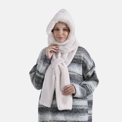 Superweicher 2-in-1-Langschal und M&uuml;tze aus hochwertigem Kunstfell, wei&szlig;