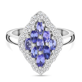 AAA Tansanit und Zirkon Cluster-Ring, 925 Silber platiniert  ca. 1,37 ct