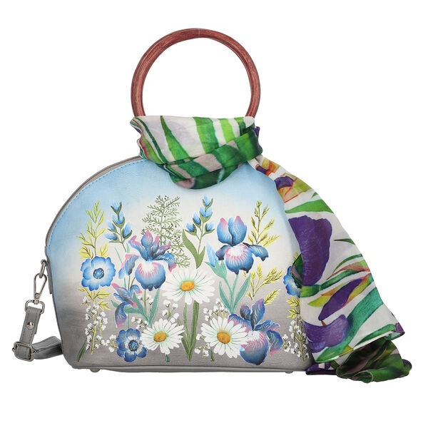 SUKRITI, Handbemalte 100 % Leder Tasche mit Maulbeerseiden Schal, Blumenmuster, Blau & Grau image number 6