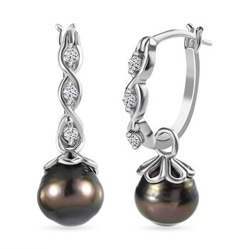 Tahiti Perle, wei&szlig;er Zirkon Ohrringe, (9-10mm), 925 Silber rhodiniert