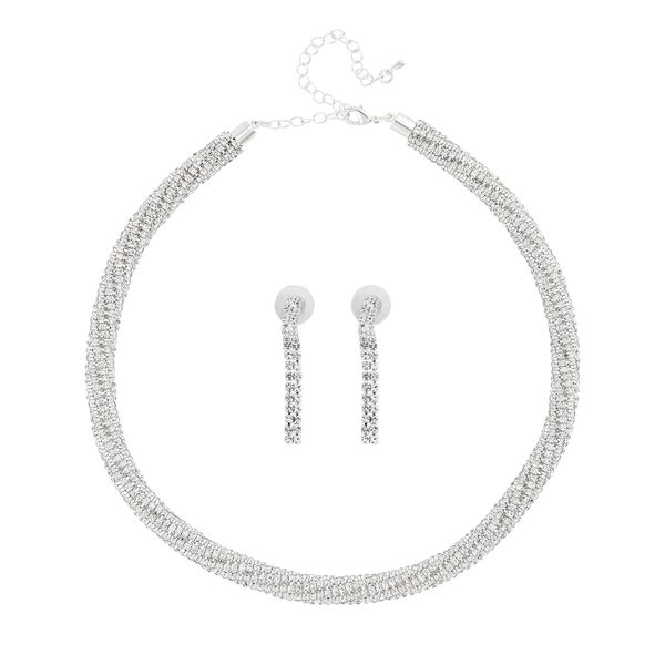 2er Set - Weißes Kristall Ohrringe und Halskette Schmuckset, reines Messing image number 0