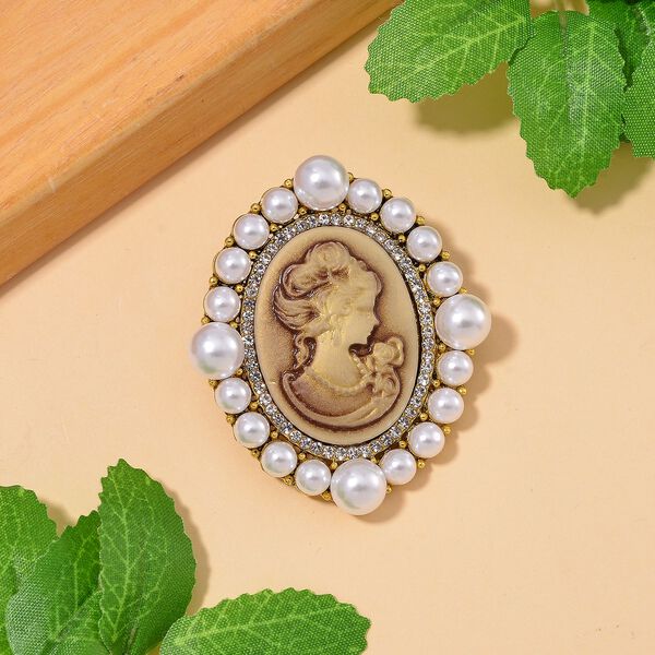 Kamee, Kunststoff Perle Brosche Std Gelb image number 2