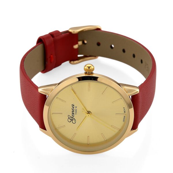 GENOA TIME - Armbanduhr Legierung, goldfarben, rotes Lederarmband, Zifferblatt Gold-Sunshine, 3 ATM wasserdicht image number 5
