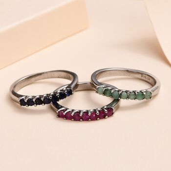 3er-Set Ring, afrikanischer Rubin, blauer Saphir, Socoto Smaragd, Edelstahl ca. 1.04 ct