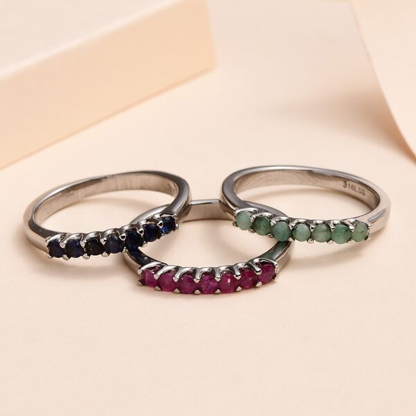 3er-Set Ring, afrikanischer Rubin, blauer Saphir, Socoto Smaragd, Edelstahl ca. 1.04 ct image number 2