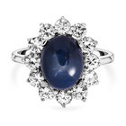 Blauer Stern Saphir und weißer Zirkon-Ring, 925 Silber platiniert (Größe 17.00) ca. 5,46 ct