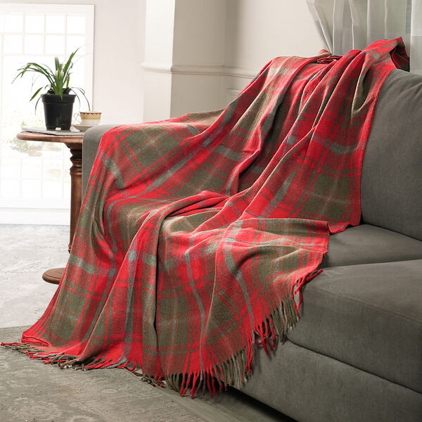 Wolldecke mit Fransen, 130x170, Schottenmuster, Gr&uuml;n/rot