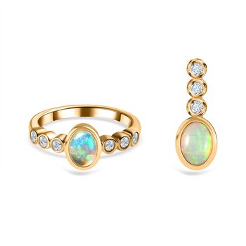 2er Set - AA Nat&uuml;rlicher, &auml;thiopischer Welo Opal Ring und Anh&auml;nger im Schmuckset, 925 Silber vergoldet ca. 1.75 ct