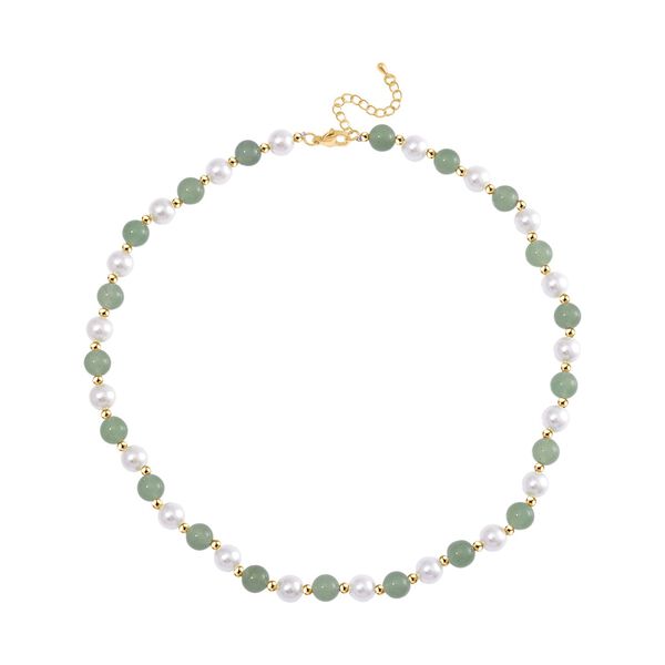 Gr&uuml;ner Aventurin, Wei&szlig;e Muschelkernperle (7-9 mm) Halskette ca. 45 cm+ 5 cm Extender gelb vergoldet image number 3