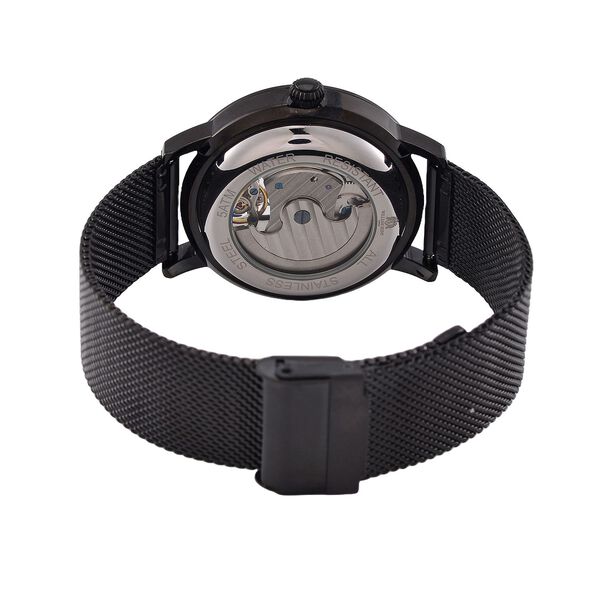 William Hunt Automatik-Uhr - IP-schwarzbeschichtetes Edelstahlgehäuse, schwarzes Multifunktionszifferblatt mit gewölbtem Glas, Edelstahl-Mesh-Armband, Glasboden, 5 ATM wasserdicht, Reiner Edelstahl image number 6