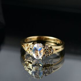 D joy AAA Premium Malagasy Regenbogen Mondstein, Moissanit Ring 925 Silber 750 Gelbgold Vermeil (Gr&ouml;&szlig;e 19.00) ca. 0.75 ct
