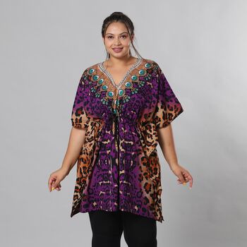 V-Ausschnitt bedruckter Kaftan, Einheitsgr&ouml;&szlig;e Lila
