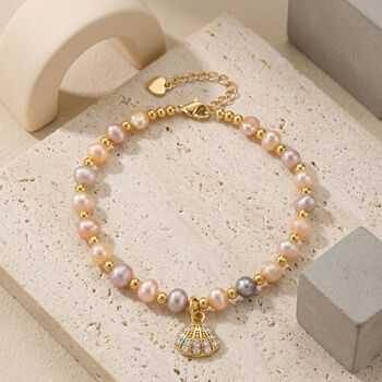 Mehrfarbige S&uuml;&szlig;wasser Perle (4-5 mm), Zirkonia Armband ca. 18cm + 5cm Extender, Nickelfreies Messing Ros&eacute;gold Vermeil