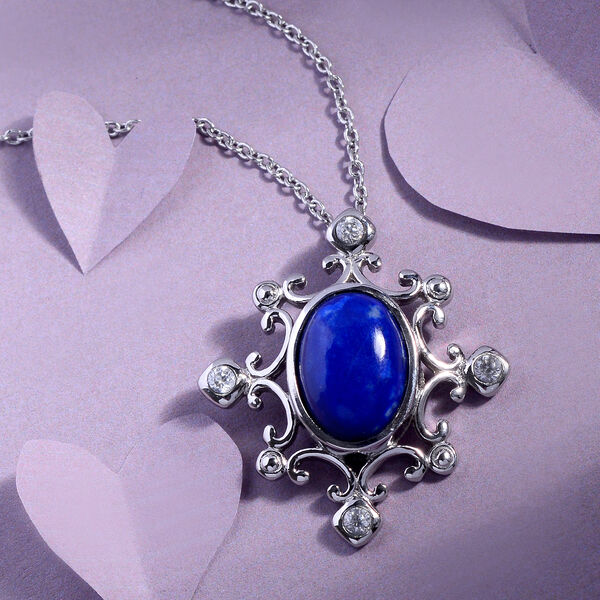 Lapislazuli und Zirkon-Anh&auml;nger mit Kette, 50 cm, Edelstahl ca. 6,80 ct image number 3