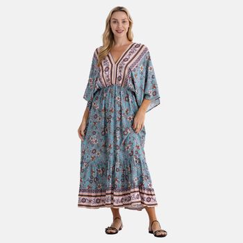 " 1.100% Viscosse Plain Weave 2. Placement Print 3. Elastic Waist 4. Kimono Style Sleeves 5. Teired Hem 6. Back Tie ClosureMaterial :100% viscosebust 38CM*length 135CM bust(EXTENDED)62CM Weight:320g Color:blue  base with print "