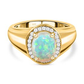 Natürlicher, äthiopischer Welo Opal und weißer Zirkon-Ring, 925 Silber vergoldet (Größe 20.00) ca. 1.24 ct