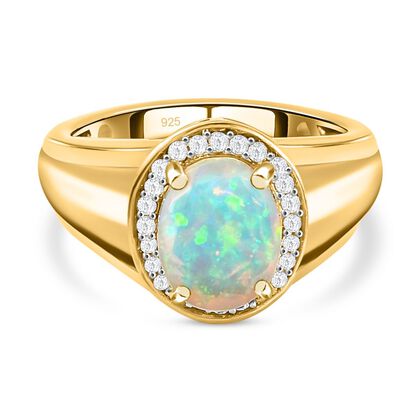 Nat&uuml;rlicher, &auml;thiopischer Welo Opal und wei&szlig;er Zirkon-Ring, 925 Silber vergoldet (Gr&ouml;&szlig;e 20.00) ca. 1.24 ct