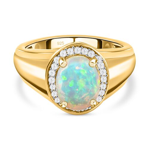 Natürlicher, äthiopischer Welo Opal und weißer Zirkon-Ring, 925 Silber vergoldet (Größe 20.00) ca. 1.24 ct image number 0