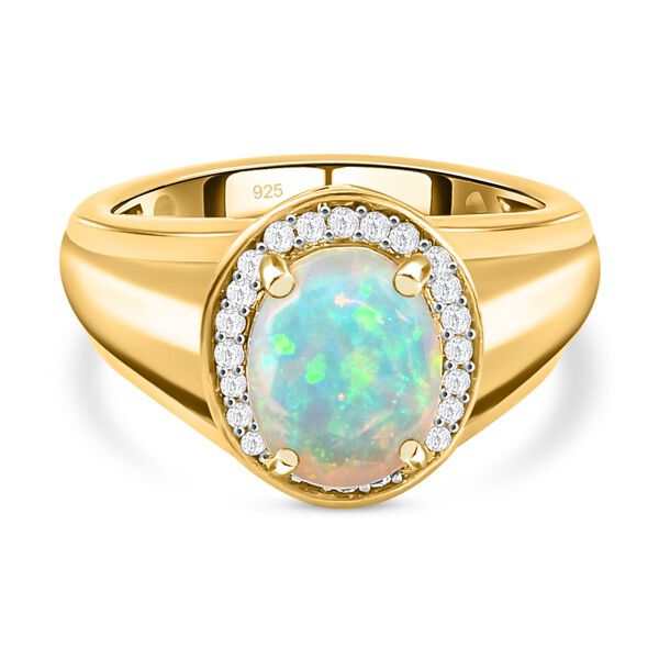 Natürlicher, äthiopischer Welo Opal und weißer Zirkon-Ring, 925 Silber vergoldet (Größe 20.00) ca. 1.24 ct image number 0