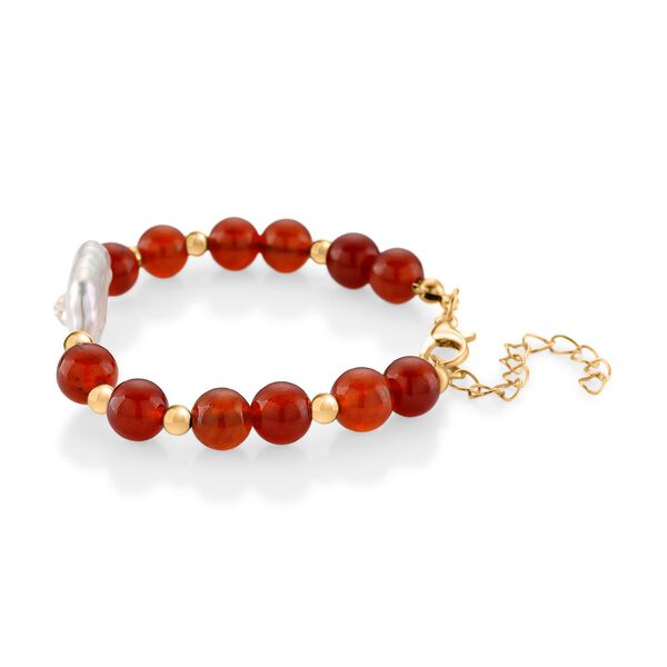 Roter Achat, Weiße Keshi Perle Armband, ca. 18cm mit 5cm extender, Reine Legierung goldfarben image number 3