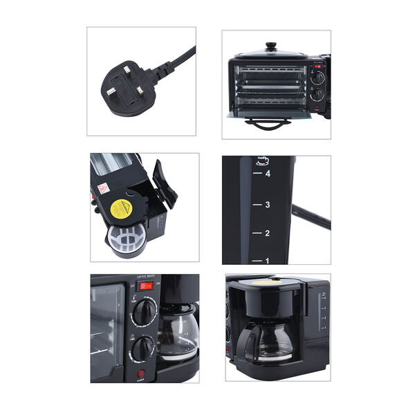 HOMESMART - 3 in 1 Fr&uuml;hst&uuml;cks-Maschine mit Backofen 9L, Bratpfanne und Kaffeemaschine 600ml, Gr&ouml;&szlig;e 38,7x33,2x32 cm, Schwarz image number 6