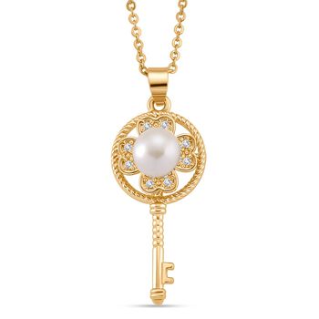 Wei&szlig;e S&uuml;&szlig;wasser Perle (5-7 mm), Wei&szlig;er Zirkonia Schmuckset ca. 50 cm Nickelfreies Messing, Reines Kupfer vergoldet