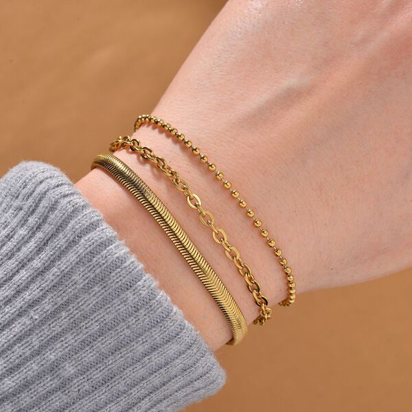 3er-Set - Kugelarmband, Gliederarmband, Ankerarmband, 19+5cm, Goldton image number 2